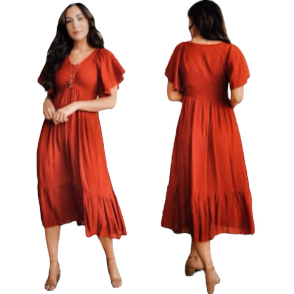 Baltic Born Felicity Midi/Maxi Dress with Smocked Top in Rust